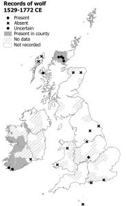 Wolf records, 1519–1772. There are records from Highland Scotland, Connacht and Munster, and absence records from Lowland Scotland.