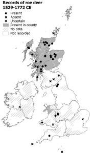 Map of Britain and Ireland showing where Roe Deer were recorded between 1519 and 1772. There are records of free-roaming populations in Scotland north of the central belt and northern Wales, with local presence records from southern Wales, the Midlands and North of England and Lowland Scotland.