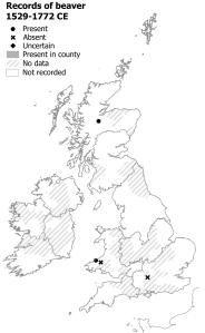 Beaver records, 1519–1772. There are two locations indicated, including Loch Ness, and the River Teifi in Wales (contested).
