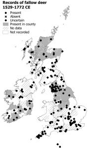Map showing records of fallow deer in Britain and Ireland between 1529-1772. There are records across most of Britain and Ireland, and dark patches suggesting possible free-roaming populations in upland England, the Scottish Highlands, and parts of Connacht, Munster and Leinster. Map adapted from my Atlas of Early Modern Wildlife