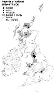 Map of Britain and Ireland showing where Wildcats were recorded between 1519 and 1772. There are records from Highland Scotland (especially Sutherland), North England (with a cluster in the Lake District) as well as Wales and the Midlands of England.
