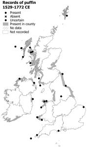 Map of Britain and Ireland showing where Puffins were recorded between 1519 and 1772. There are coastal records from every region of Britain and Ireland except Connacht and the Midlands of England. The record from South England is unreliable.