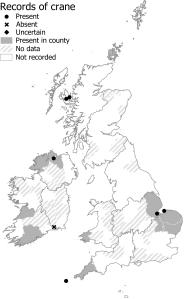 Map of Britain and Ireland showing where Cranes were recorded between 1519 and 1772. There are records from Highland Scotland, Ulster, Munster, Wales, and the South, South West and Midlands of England. 