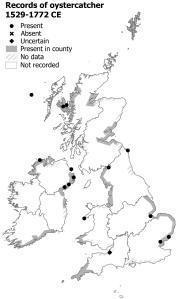 Map of Britain and Ireland showing where Oystercatchers were recorded between 1519 and 1772. There are coastal records from every region of Britain and Ireland except Connacht.