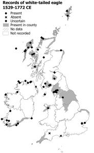 Map of Britain and Ireland showing where White-Tailed Eagles were recorded between 1519 and 1772. There are records from every region of Britain and Ireland, but the records from Ulster, Connacht and Leinster are unreliable. There are reliable inland records from the North and Midlands of England and Lowland Scotland.