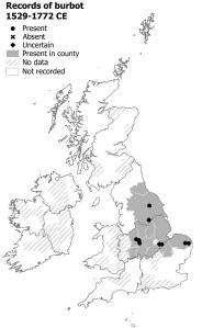 Map showing Burbot records, in Britain and Ireland, 1519–1772. There are records from the North, Midlands and part of the South of England.