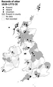 Otter records, 1519–1772. There are records from every region of Britain and Ireland, including the Hebrides and the Northern Isles, but there are only unreliable records from Munster.