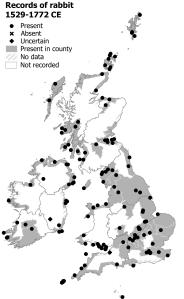 Rabbit records, 1519–1772. The records are mainly distributed on islands and on every coast of Britain and Ireland, but there are also inland records across the North and South of England and elsewhere.