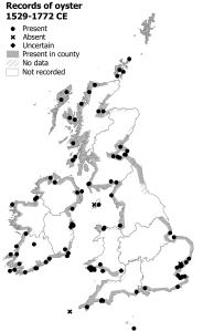 Map showing records of oysters made between 1529 CE and 1772 CE. There are dot records and shading to show distribution across almost the whole of Britain and Ireland, except that there is a cross on the Isles of Scilly and both a cross and a dot on the Isle of Man. There are blank areas off the coast of Yorkshire and Aberdeenshire and Cardigan Bay.