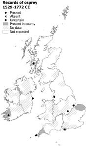 Map of Britain and Ireland showing where Ospreys were recorded between 1519 and 1772. There are reliable records from the South and South West of England and from Munster and Connacht in Ireland.
