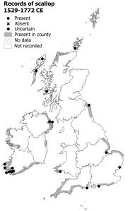 Map of Britain and Ireland showing where scallops were recorded between 1519 and 1772. There are records from every region of Britain and Ireland except Lowland Scotland.