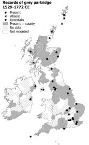 Grey Partridge records, 1519–1772. There are records from every region of Britain and Ireland except Connacht. There are repeated absence records from the Northern Isles of Scotland.