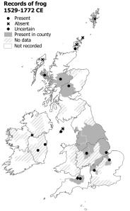 Common Frog records, 1519–1772. There are records from every region of Britain except Wales. There is also a single record from Dublin. There are both presence and absence records from the Isle of Man and Orkney.