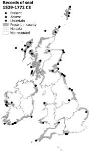 Map of Britain and Ireland showing where seals were recorded between 1519 and 1772. There are records of free-roaming populations around the coasts of every region of Britain and Ireland except the Midlands of England. There are also records from the Hebrides and the Northern Isles.