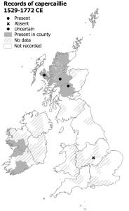 Records of the capercaillie from 250-500 years ago. There are records across Scotland north of the central belt, including on Skye, and records from the west of Ireland.