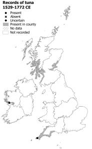 Map showing the where Tuna were recorded in Britain and Ireland 250-500 years ago. There are records from Cornwall, Galway Bay, the Firth of Forth and Firth of Clyde.